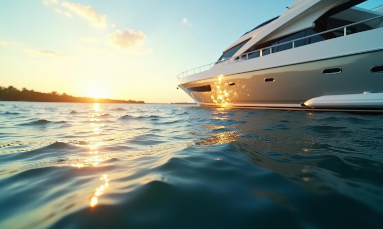 A glossy, detailed yacht shimmering on the water in a Florida marina