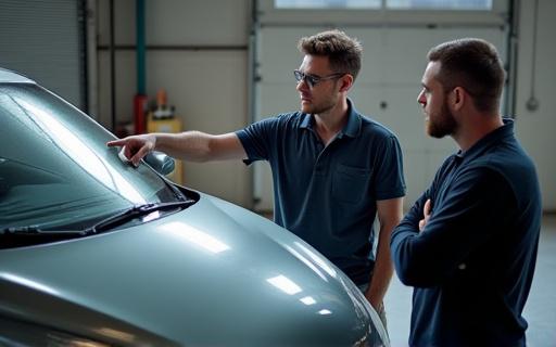 A detailer inspecting a car's paintwork with a client