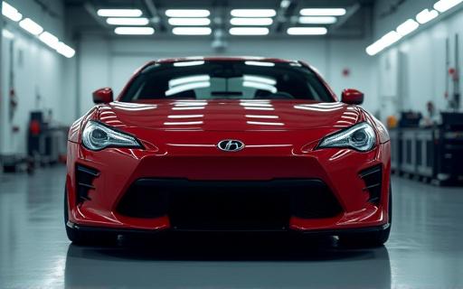 A perfectly detailed car gleaming under inspection lights in a garage